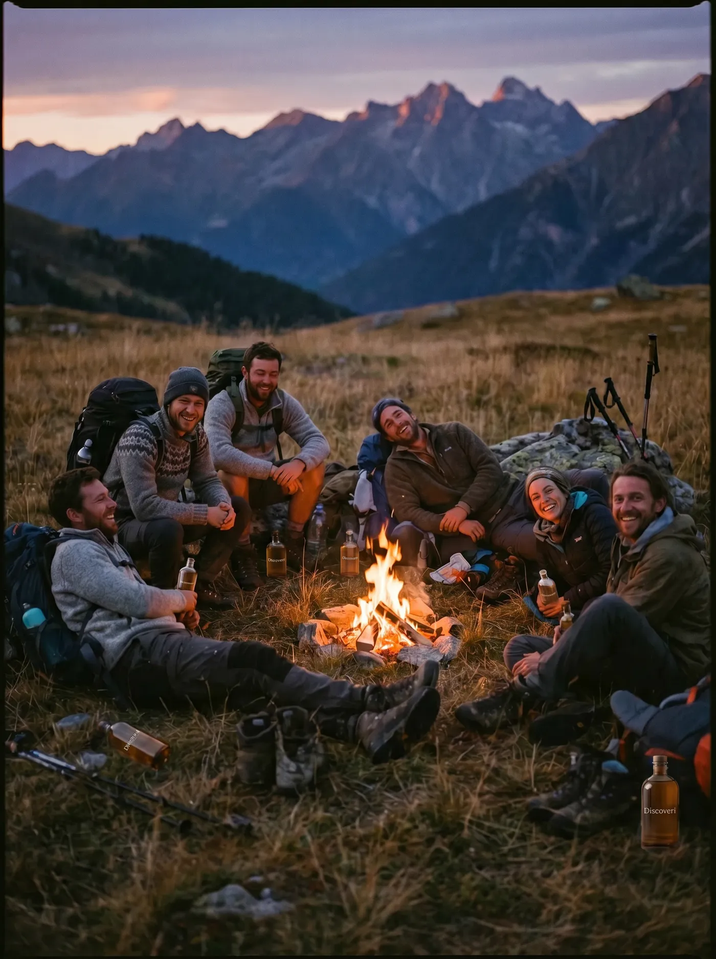 Group of six hikers gathered around a small campfire in an alpine meadow at dusk, amber glass Discoveri bottles resting in the grass