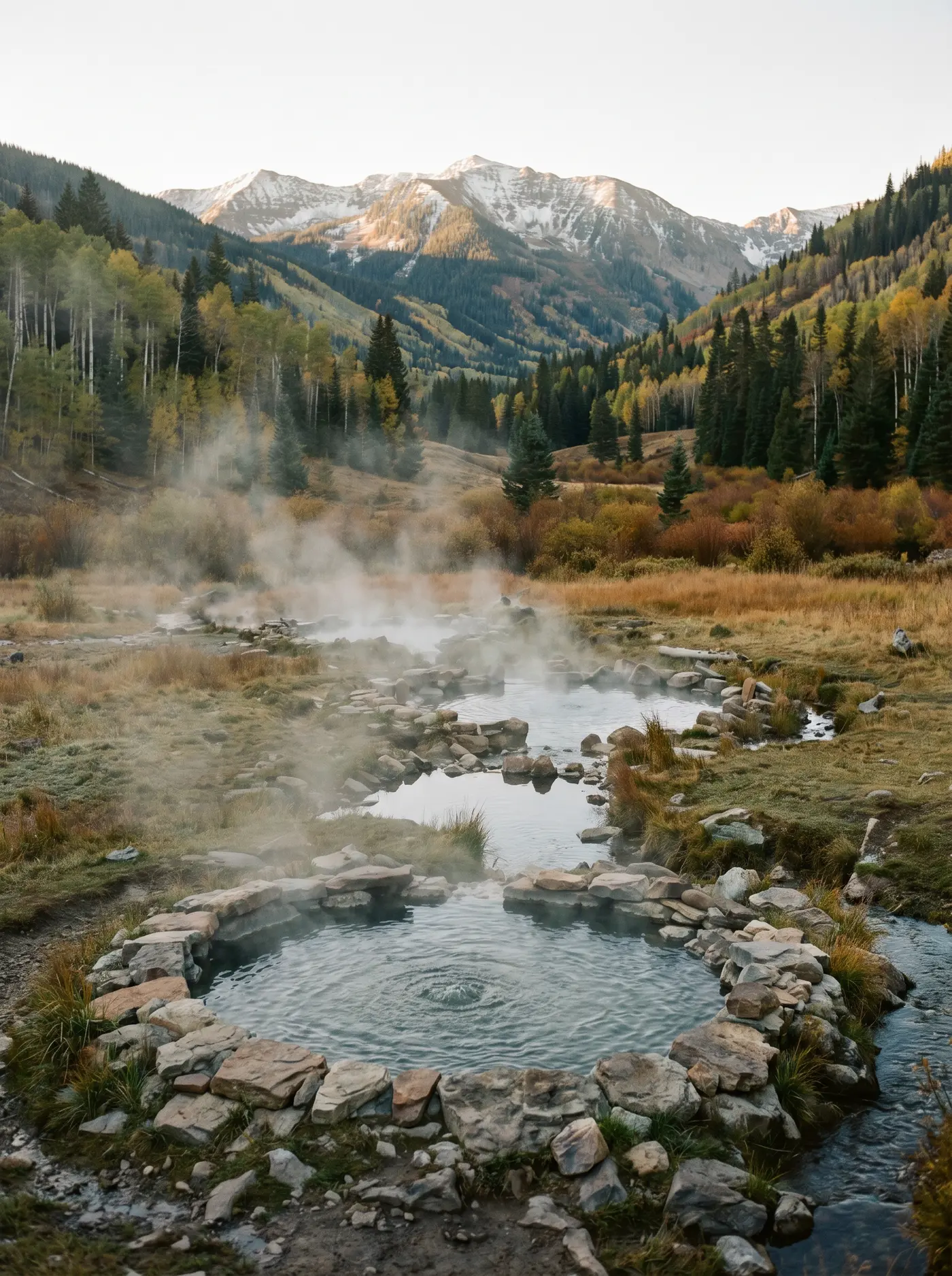 A wild hot spring steaming in a remote Colorado valley at dawn