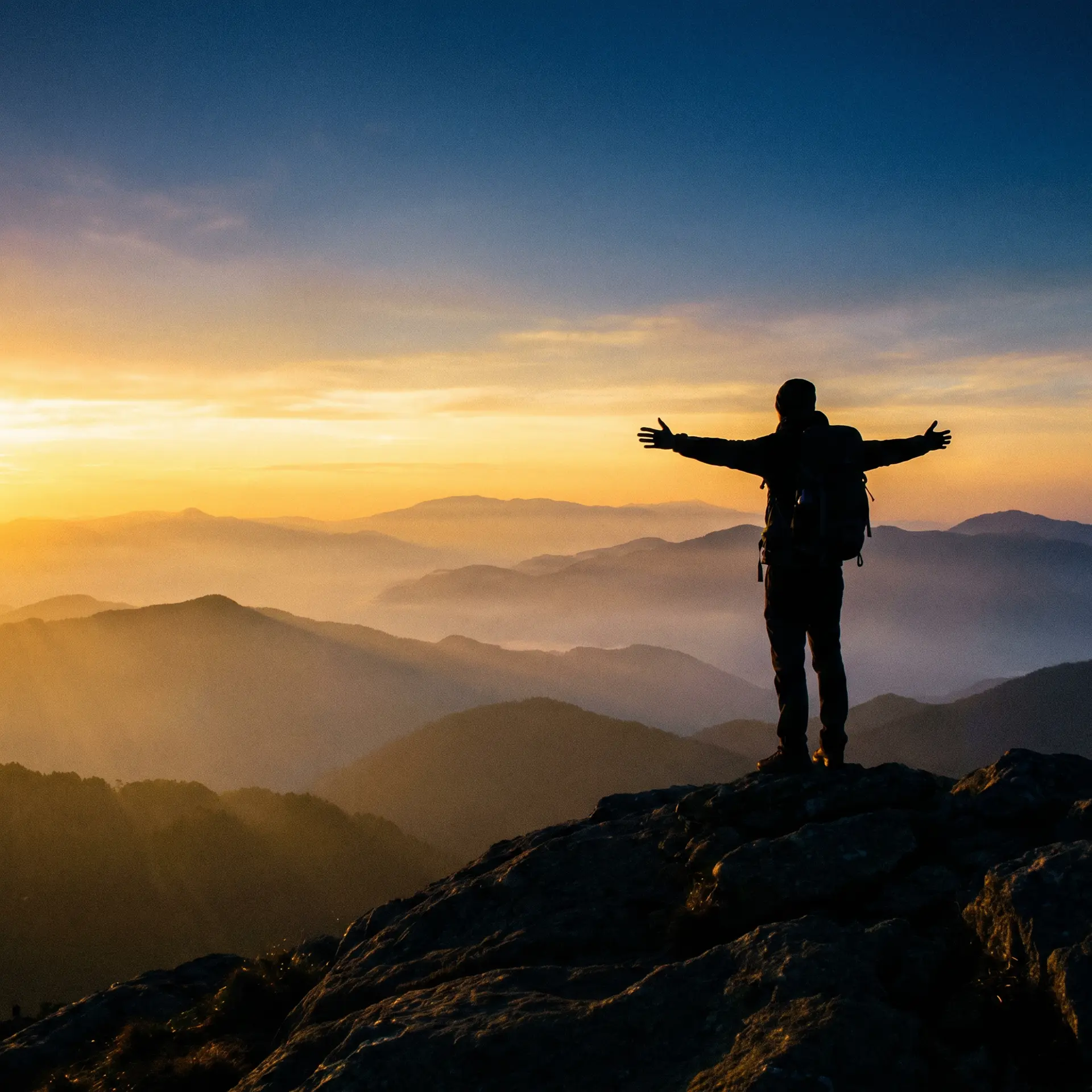 Silhouette of a hiker at a mountain summit at sunrise