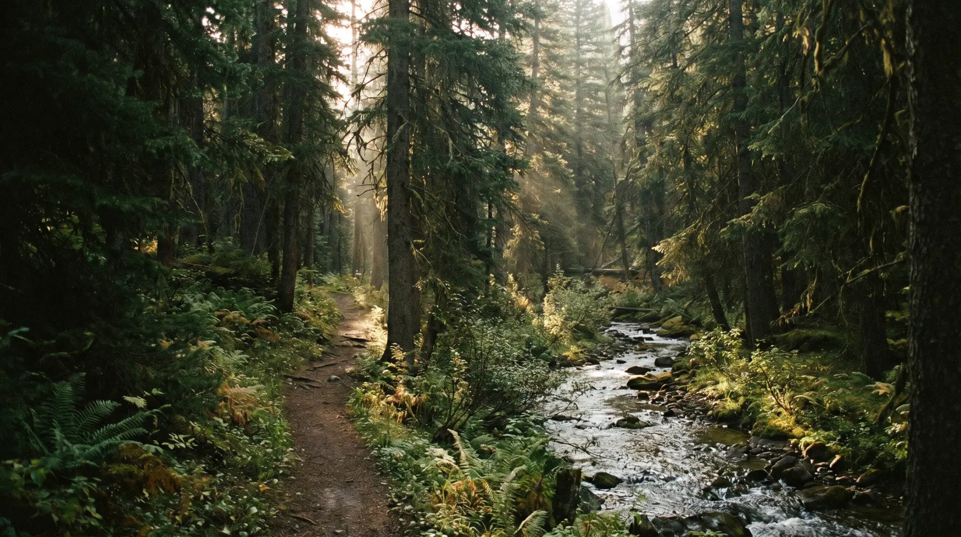 A dappled morning trail winding through old-growth pine forest alongside a small stream